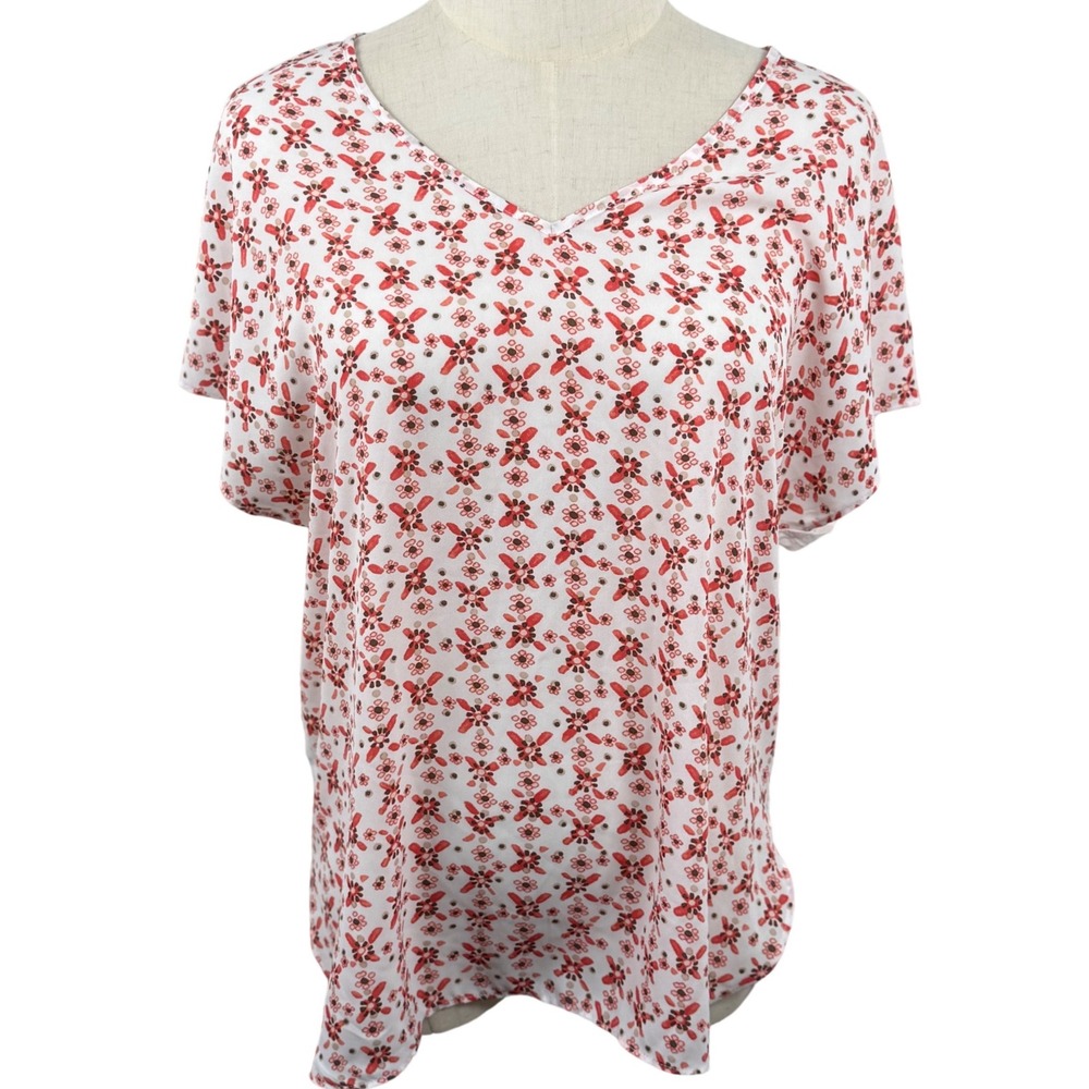 Loft S Ditsy Floral Top V Neck HighLow Boho Coastal Resort Vacay Mixed Media EUC